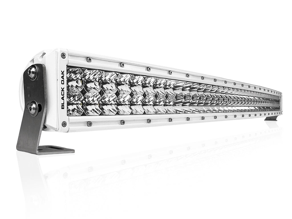 Black Oak LED Pro Series 3.0 straight marine light bar shown in the 40 inch size, available in 6, 10, 20, 30 or 40 inch lengths with combo beam and 5W Osram emitters in a sealed marine-grade housing
