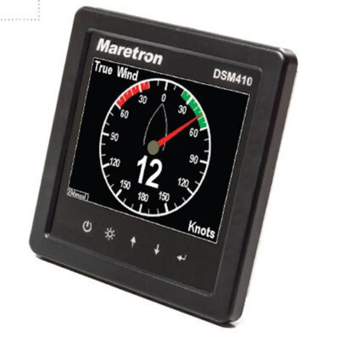 Maretron DSM410 4.1-inch sunlight-readable NMEA 2000 vessel monitoring display showing a true wind gauge
