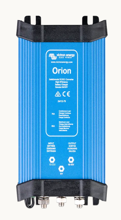 Victron Energy Orion 24/12-70 switchmode DC-DC converter and battery charger with ribbed blue heatsink housing and remote ON/OFF