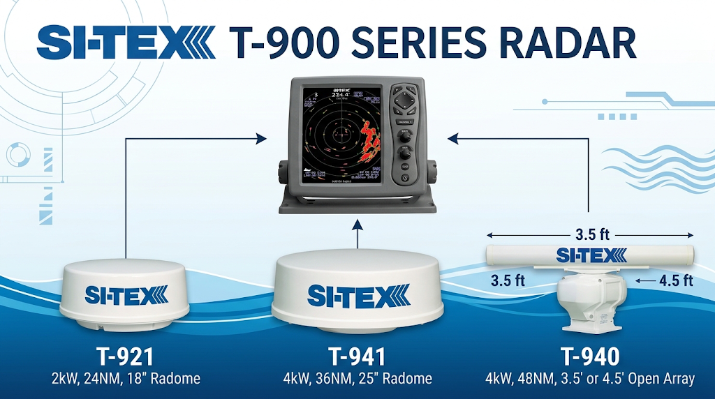 Si-tex T-900 Series Radar: central 8.4-inch colour LCD radar display unit with the T-921 18-inch radome, T-941 25-inch radome, and T-940 3.5/4.5-foot open array antenna options shown below