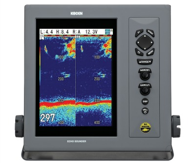Si-tex CVS-1410 Koden echo sounder with 10.4-inch VGA colour TFT display showing dual-frequency 50/200kHz sonar returns, GAIN (HF/LF) controls, and Detection Area Display