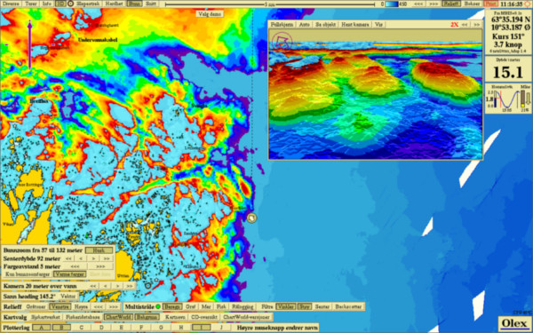Olex seafloor mapping software showing 3D bottom terrain and chart view