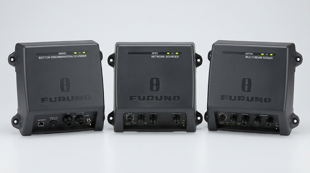 Furuno DFF1-UHD+ bottom discrimination sounder, DFF3 network sounder, and DFF3D multi-beam sonar