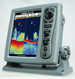 Si-tex CVS-128 echo sounder with 8.4-inch daylight-viewable colour TFT display showing dual-frequency 50/200kHz sonar returns, GAIN (HF/LF) controls, and IPX5 waterproof case