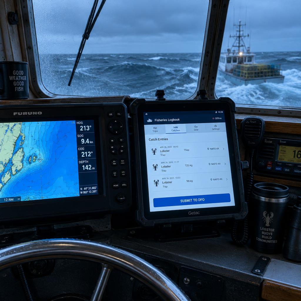 VeriCatch electronic logbook on a tablet mounted in a fishing vessel wheelhouse beside a Furuno chartplotter